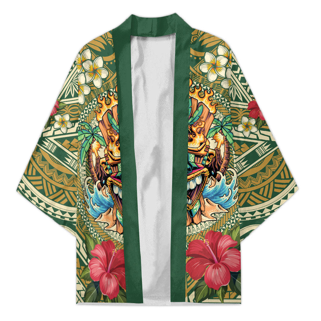 Hawaii Tiki Mask Personalized Kimono Mele Kalikimaka i Iulai! LT9 Unisex Green - Polynesian Pride