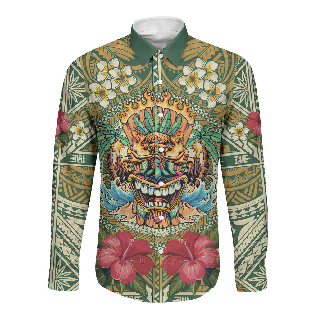 Hawaii Tiki Mask Personalized Long Sleeve Button Shirt Mele Kalikimaka i Iulai! LT9 Unisex Green - Polynesian Pride