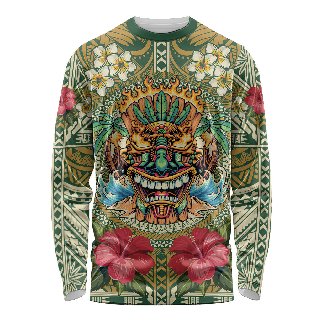 Hawaii Tiki Mask Personalized Long Sleeve Shirt Mele Kalikimaka i Iulai! LT9 Unisex Green - Polynesian Pride