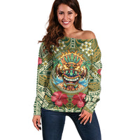 Hawaii Tiki Mask Personalized Off Shoulder Sweater Mele Kalikimaka i Iulai! LT9 Women Green - Polynesian Pride