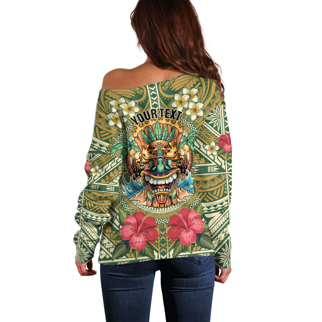 Hawaii Tiki Mask Personalized Off Shoulder Sweater Mele Kalikimaka i Iulai! LT9 - Polynesian Pride