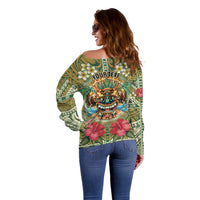 Hawaii Tiki Mask Personalized Off Shoulder Sweater Mele Kalikimaka i Iulai! LT9 - Polynesian Pride
