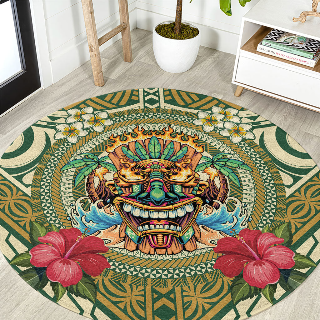 Hawaii Tiki Mask Round Carpet Mele Kalikimaka i Iulai! LT9 Green - Polynesian Pride
