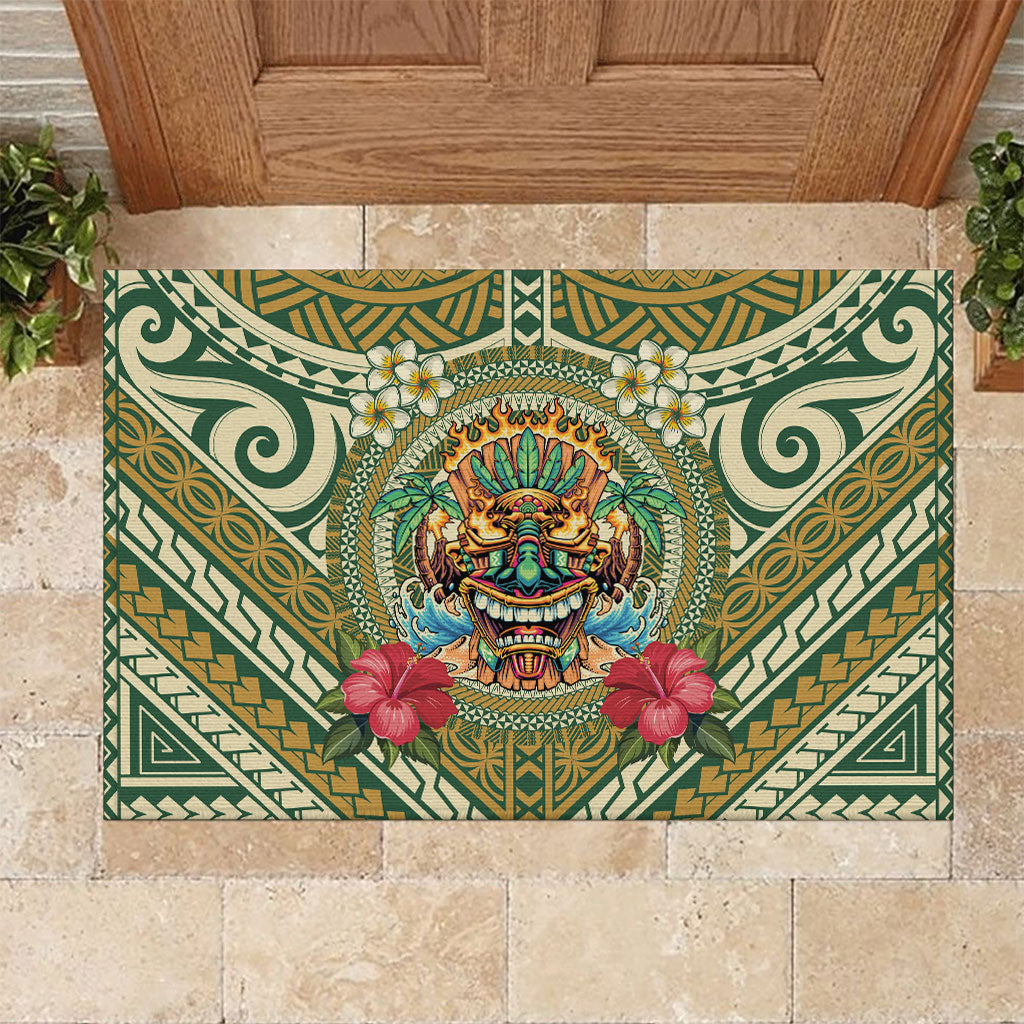 Hawaii Tiki Mask Rubber Doormat Mele Kalikimaka i Iulai! LT9 Green - Polynesian Pride