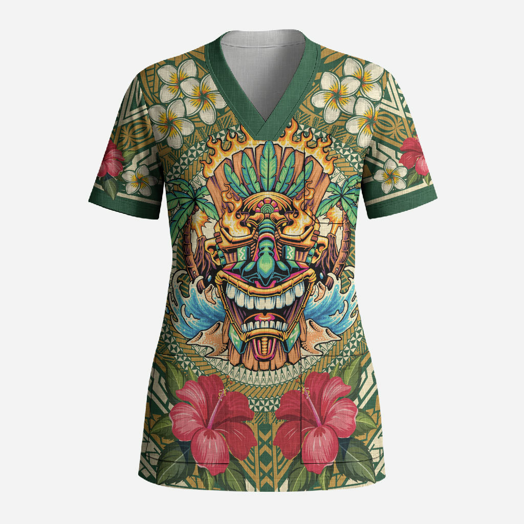 Hawaii Tiki Mask Personalized Scrub Top Mele Kalikimaka i Iulai! LT9 Adult Green - Polynesian Pride