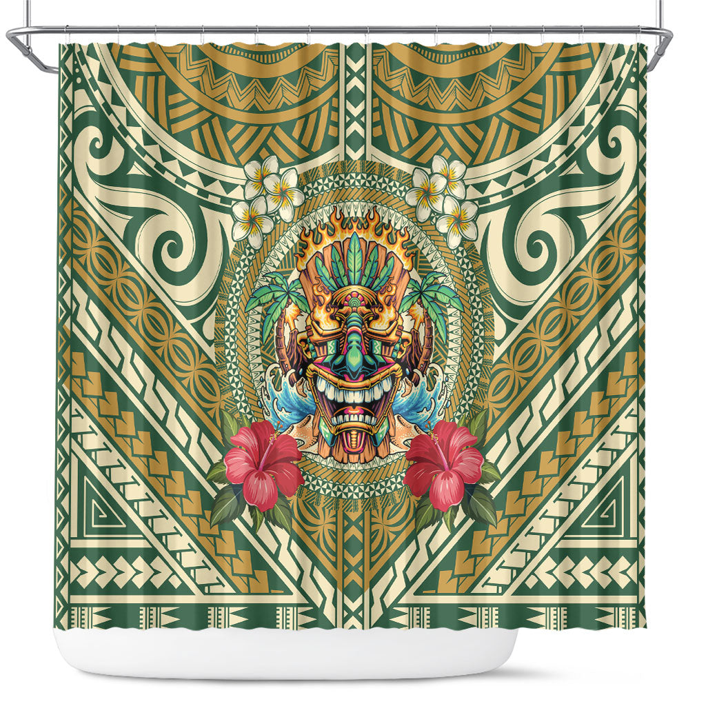 Hawaii Tiki Mask Shower Curtain Mele Kalikimaka i Iulai! LT9 Green - Polynesian Pride