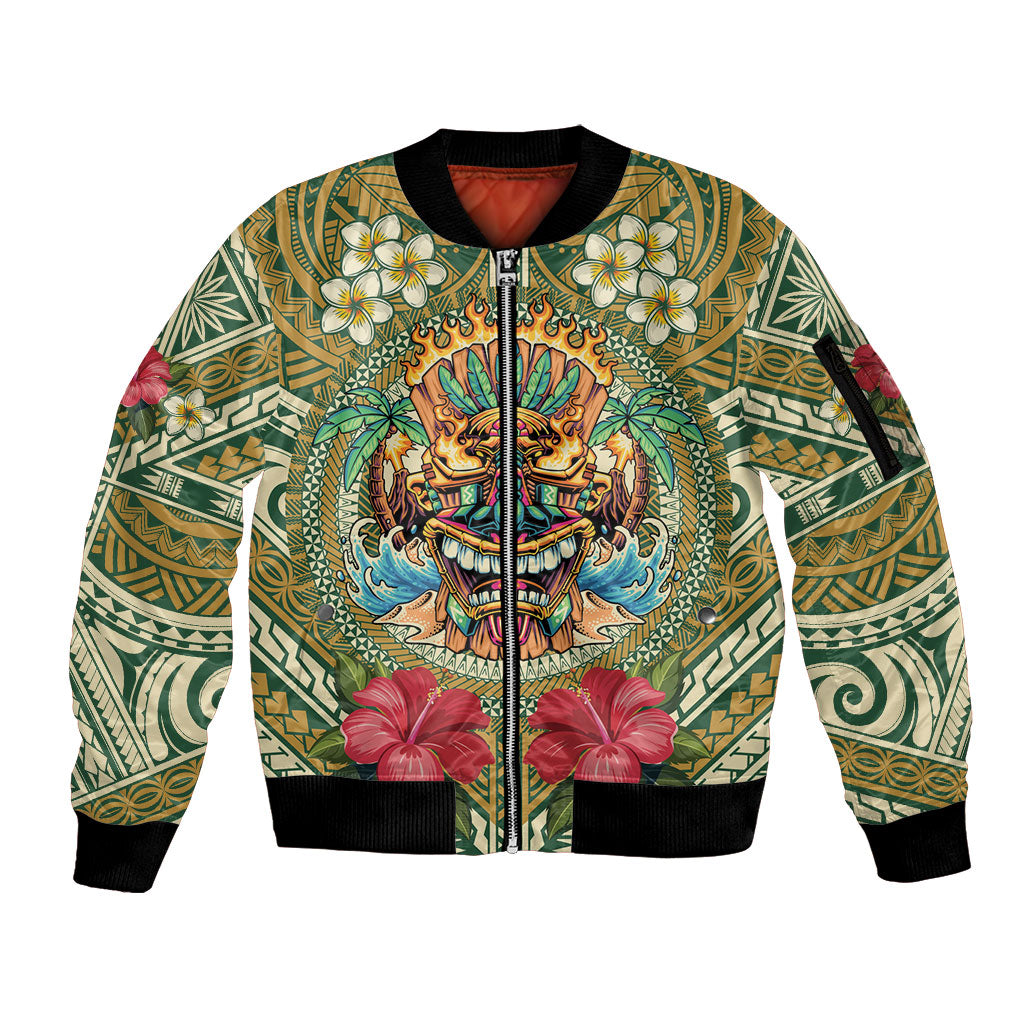 Hawaii Tiki Mask Personalized Sleeve Zip Bomber Jacket Mele Kalikimaka i Iulai! LT9 Unisex Green - Polynesian Pride