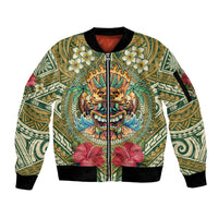 Hawaii Tiki Mask Personalized Sleeve Zip Bomber Jacket Mele Kalikimaka i Iulai! LT9 Unisex Green - Polynesian Pride