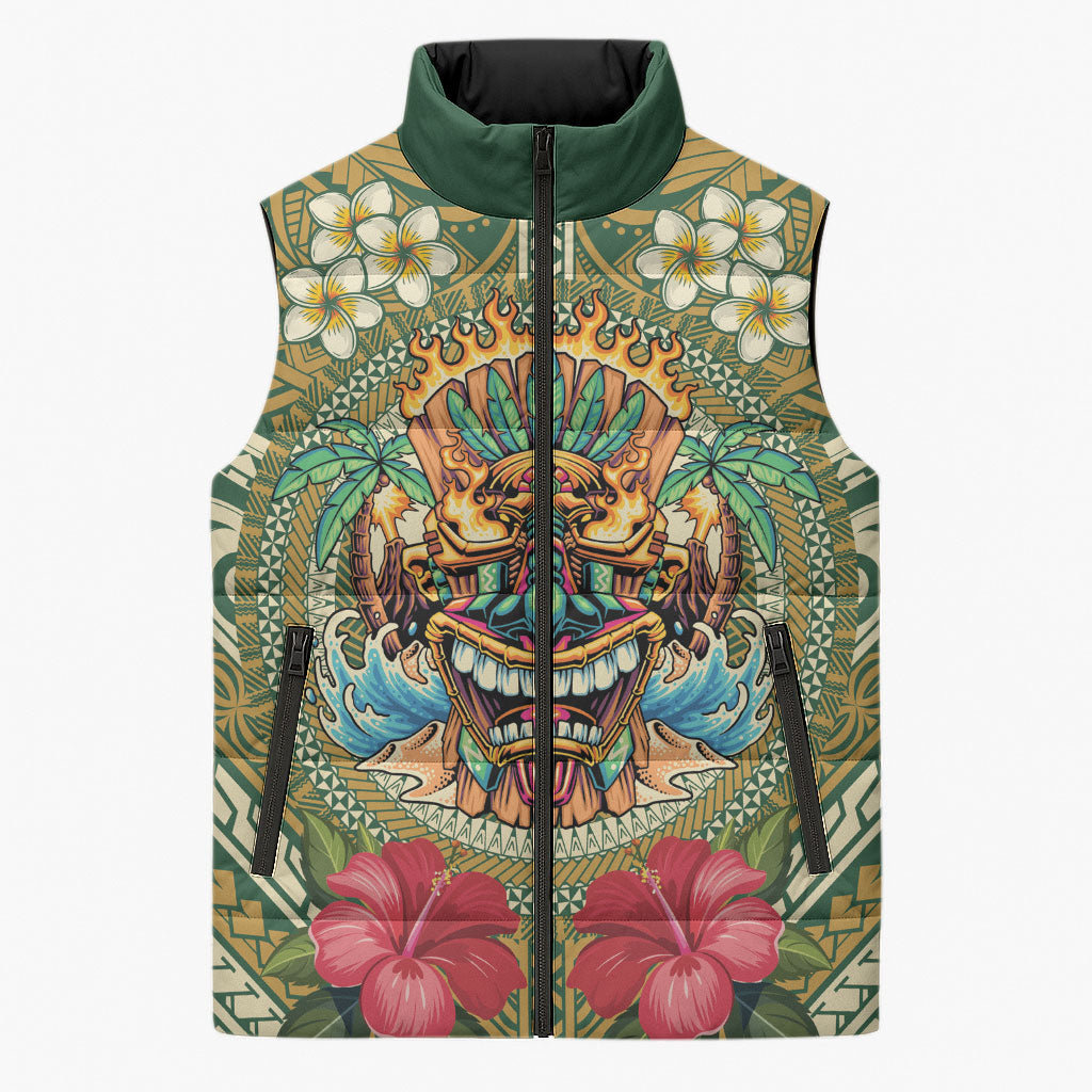 Hawaii Tiki Mask Personalized Sleeveless Puffer Jacket Mele Kalikimaka i Iulai! LT9 Unisex Green - Polynesian Pride