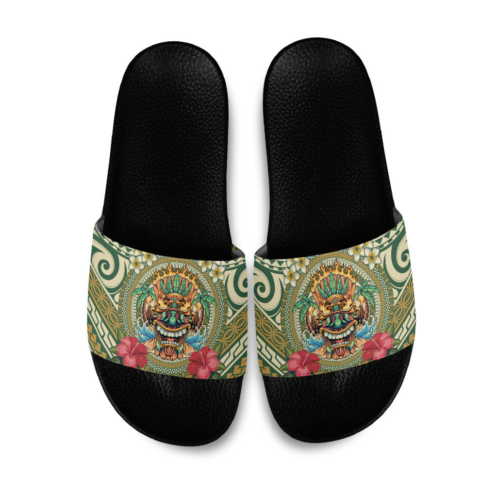 Hawaii Tiki Mask Slide Sandals Mele Kalikimaka i Iulai! LT9 Green - Polynesian Pride