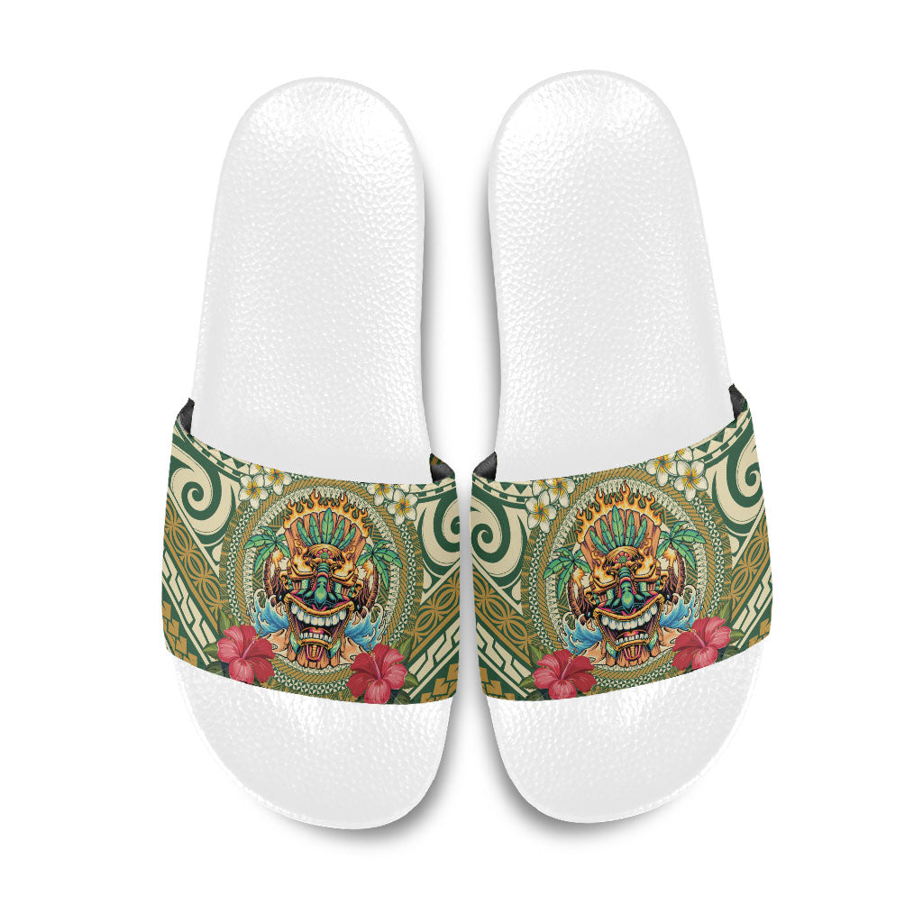 Hawaii Tiki Mask Slide Sandals Mele Kalikimaka i Iulai! LT9 Green - Polynesian Pride