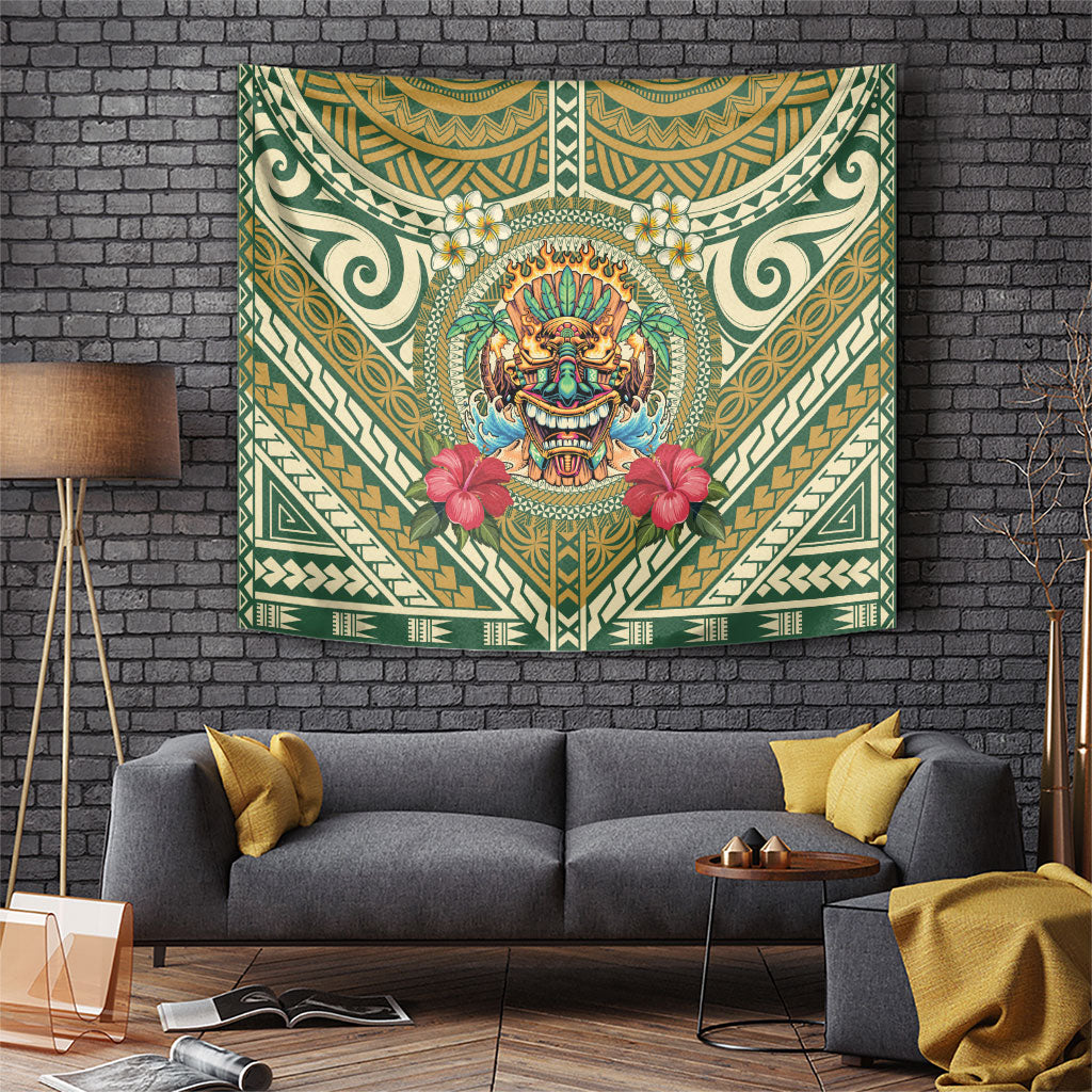 Hawaii Tiki Mask Tapestry Mele Kalikimaka i Iulai! LT9 Green - Polynesian Pride