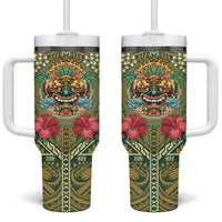 Hawaii Tiki Mask Personalized Tumbler With Handle Mele Kalikimaka i Iulai! LT9 One Size: 40 oz Green - Polynesian Pride