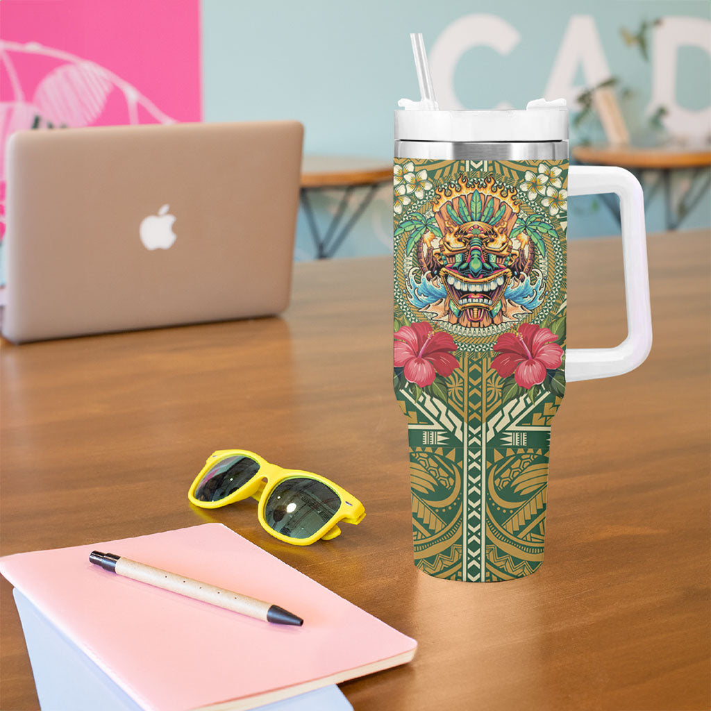 Hawaii Tiki Mask Personalized Tumbler With Handle Mele Kalikimaka i Iulai! LT9 - Polynesian Pride