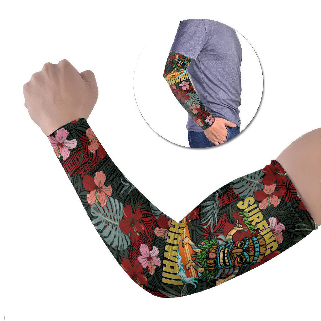 Hawaii Tiki Surfing Arm Sleeves Mele Kalikimaka i Iulai! LT9 Set of 2 Black - Polynesian Pride