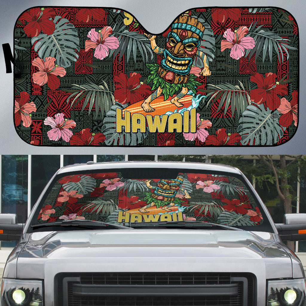 Hawaii Tiki Surfing Auto Sun Shade Mele Kalikimaka i Iulai! LT9 Black - Polynesian Pride