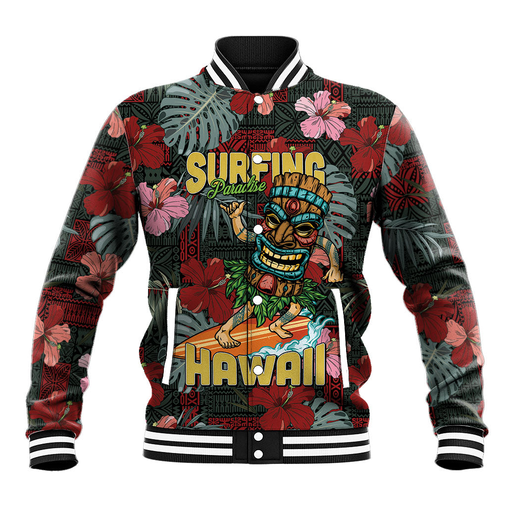 Hawaii Tiki Surfing Baseball Jacket Mele Kalikimaka i Iulai! LT9 Unisex Black - Polynesian Pride