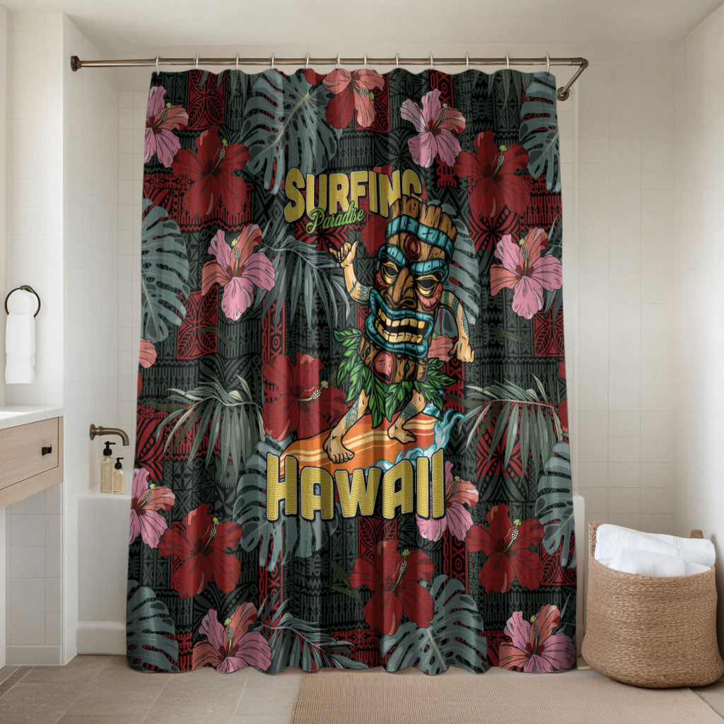 Hawaii Tiki Surfing Bathroom Set Mele Kalikimaka i Iulai! LT9 Shower Curtain Only Black - Polynesian Pride