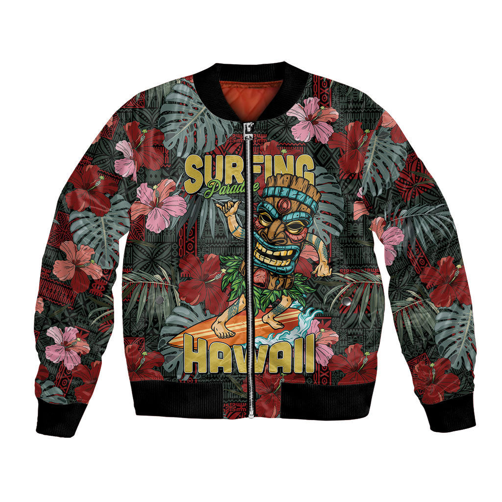 Hawaii Tiki Surfing Bomber Jacket Mele Kalikimaka i Iulai! LT9 Unisex Black - Polynesian Pride