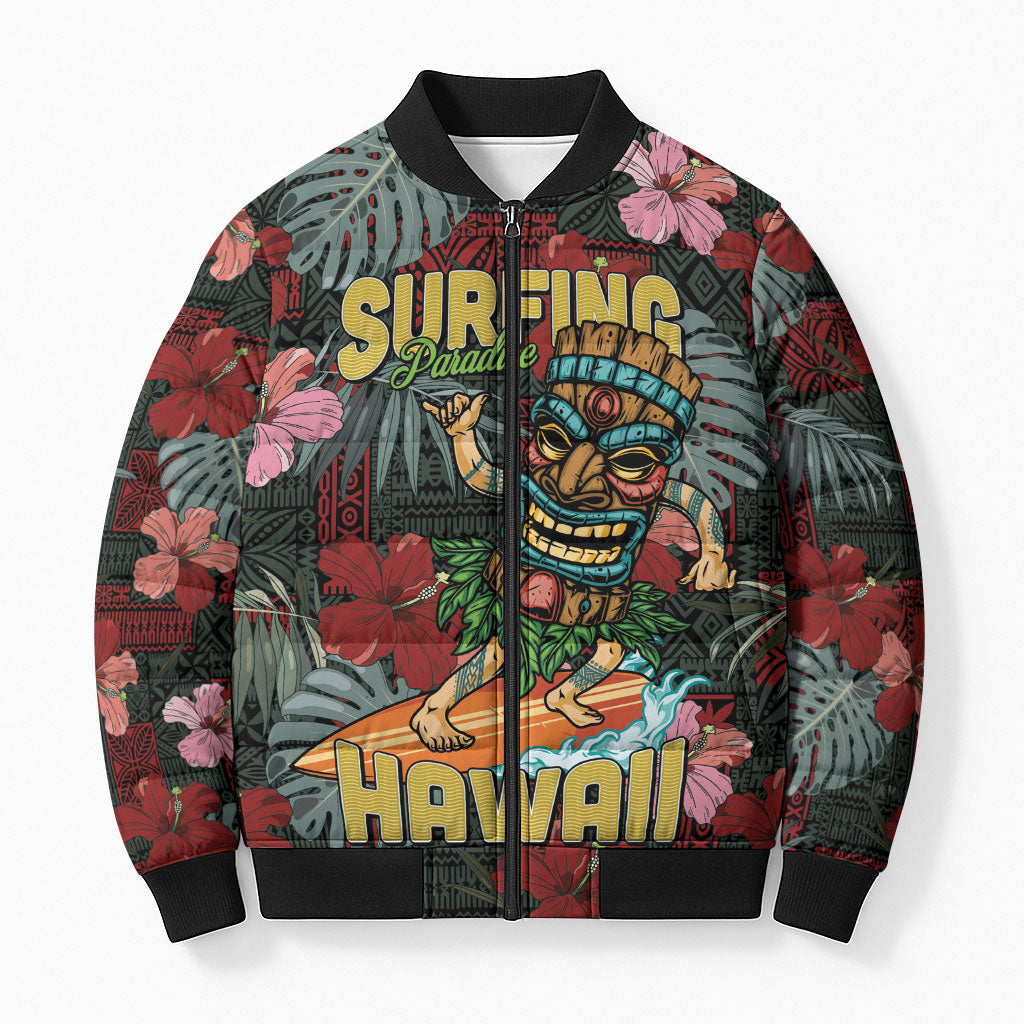 Hawaii Tiki Surfing Bomber Puffer Jacket Mele Kalikimaka i Iulai! LT9 Unisex Black - Polynesian Pride