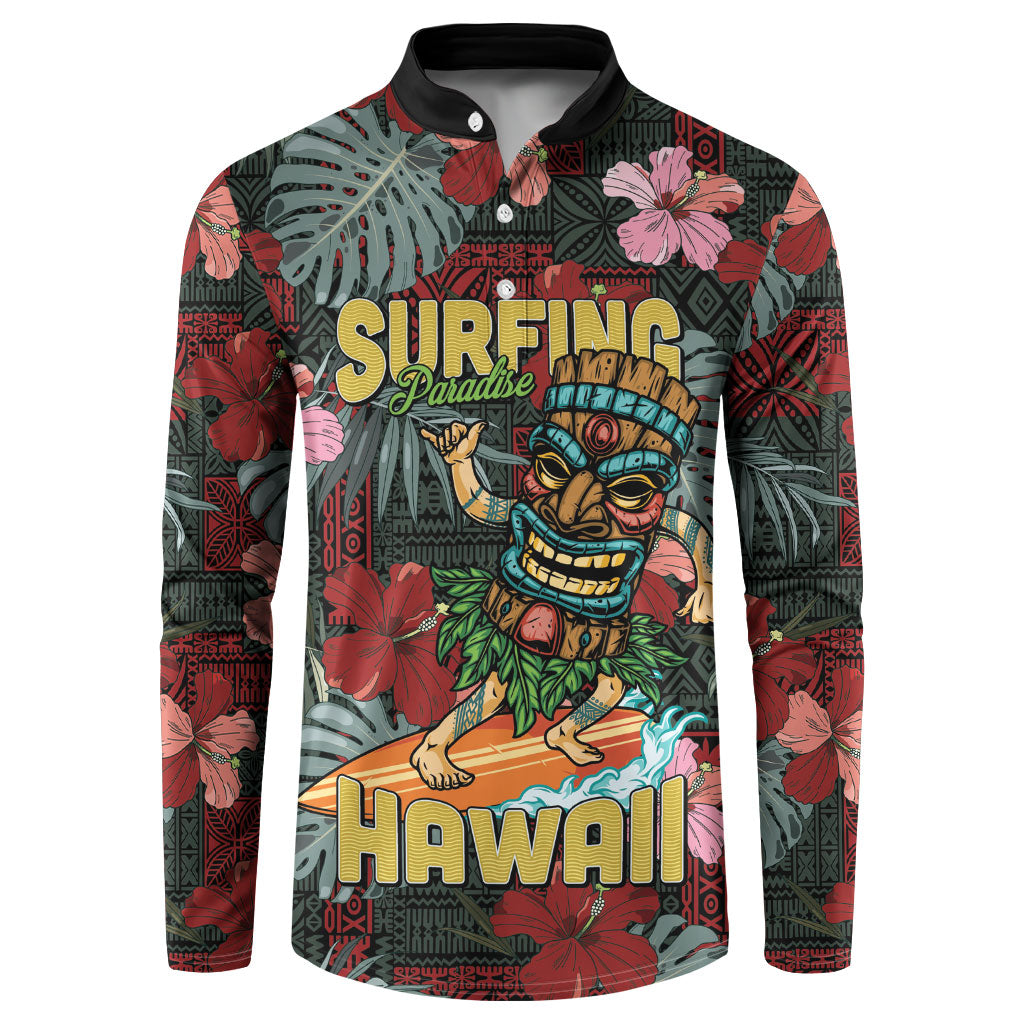 Hawaii Tiki Surfing Button Sweatshirt Mele Kalikimaka i Iulai! LT9 Black - Polynesian Pride