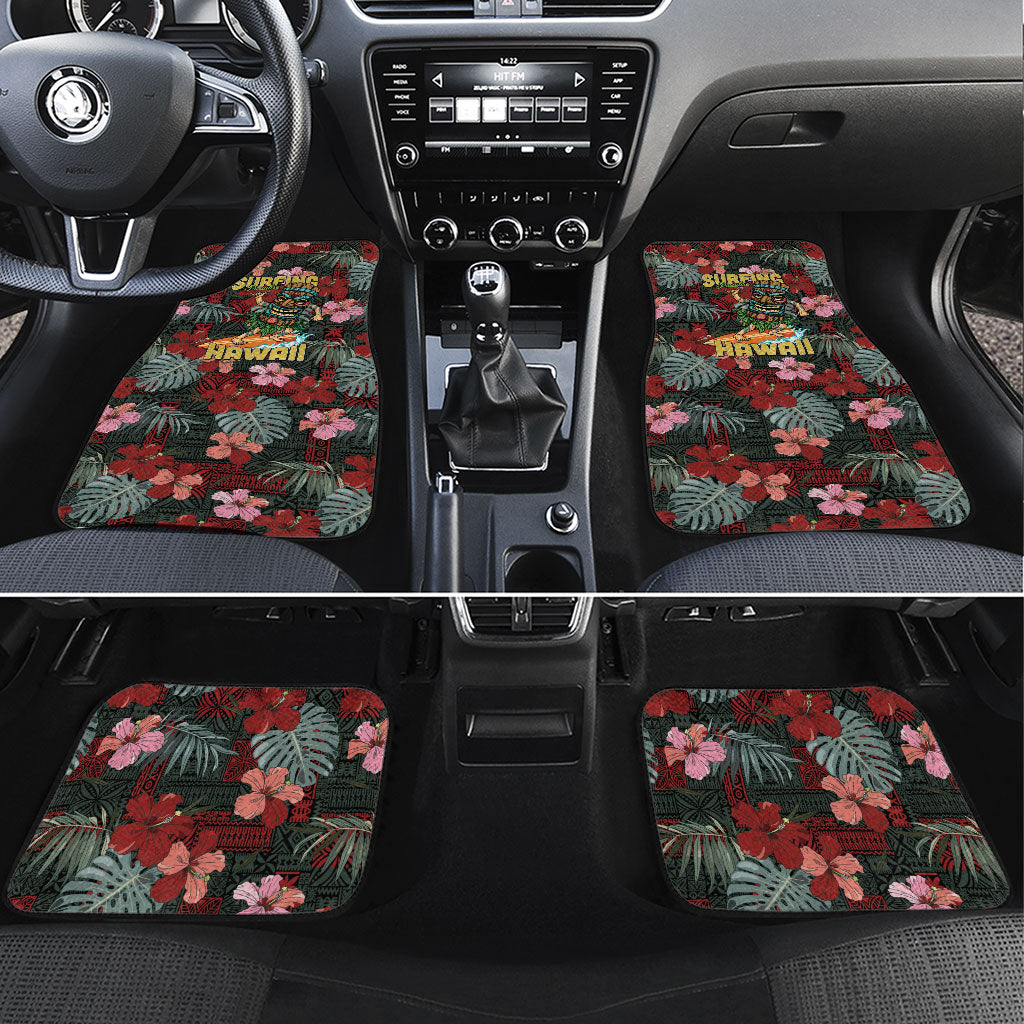 Hawaii Tiki Surfing Car Mats Mele Kalikimaka i Iulai! LT9 Set 4pcs Black - Polynesian Pride