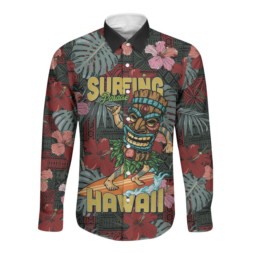 Hawaii Tiki Surfing Long Sleeve Button Shirt Mele Kalikimaka i Iulai! LT9 Unisex Black - Polynesian Pride