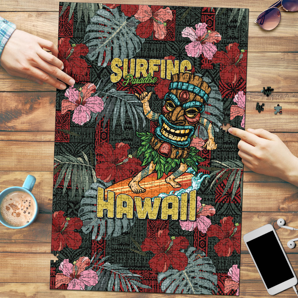 Hawaii Tiki Surfing Puzzle Mele Kalikimaka i Iulai! LT9 Black - Polynesian Pride