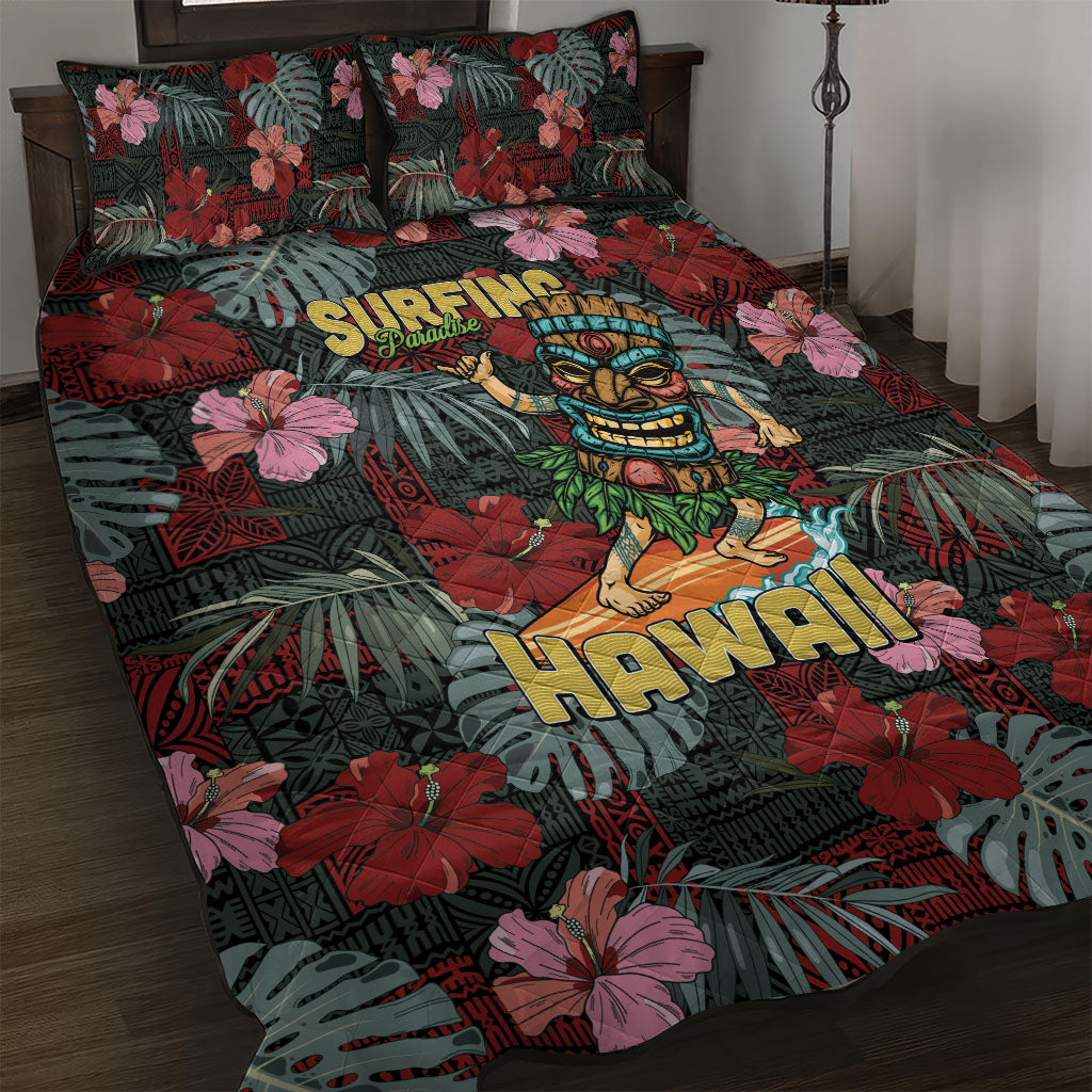 Hawaii Tiki Surfing Quilt Bed Set Mele Kalikimaka i Iulai! LT9 Black - Polynesian Pride