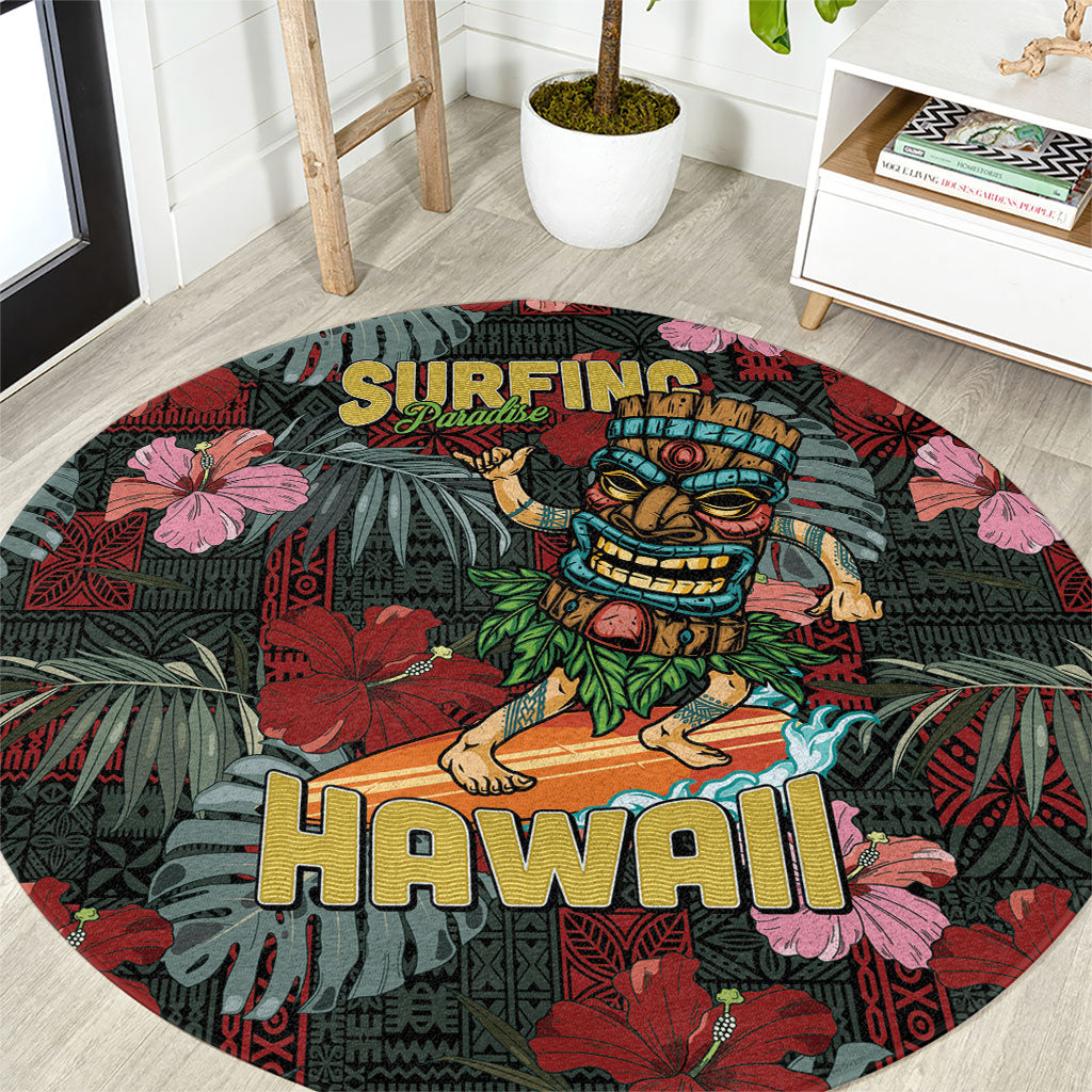 Hawaii Tiki Surfing Round Carpet Mele Kalikimaka i Iulai! LT9 Black - Polynesian Pride