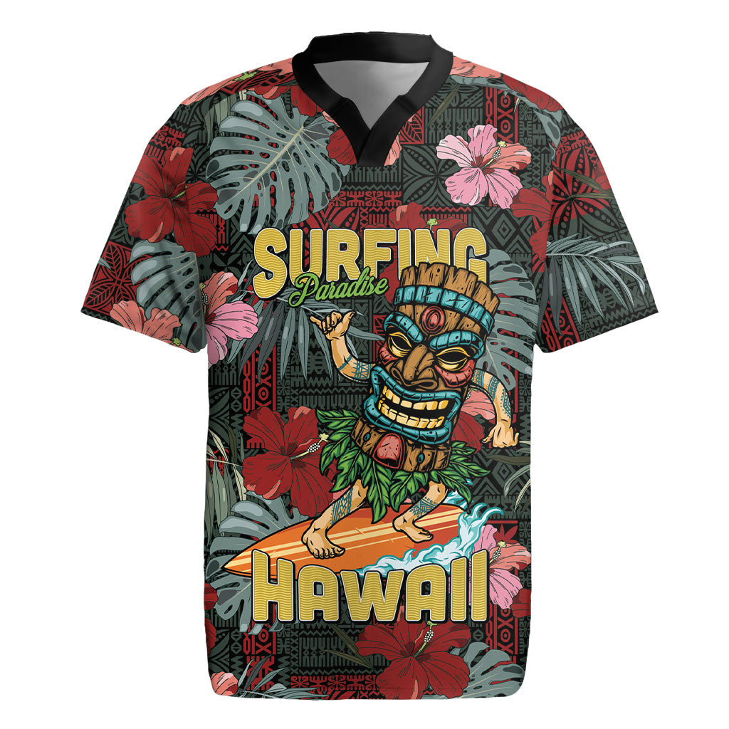 Hawaii Tiki Surfing Rugby Jersey Mele Kalikimaka i Iulai! LT9 Black - Polynesian Pride