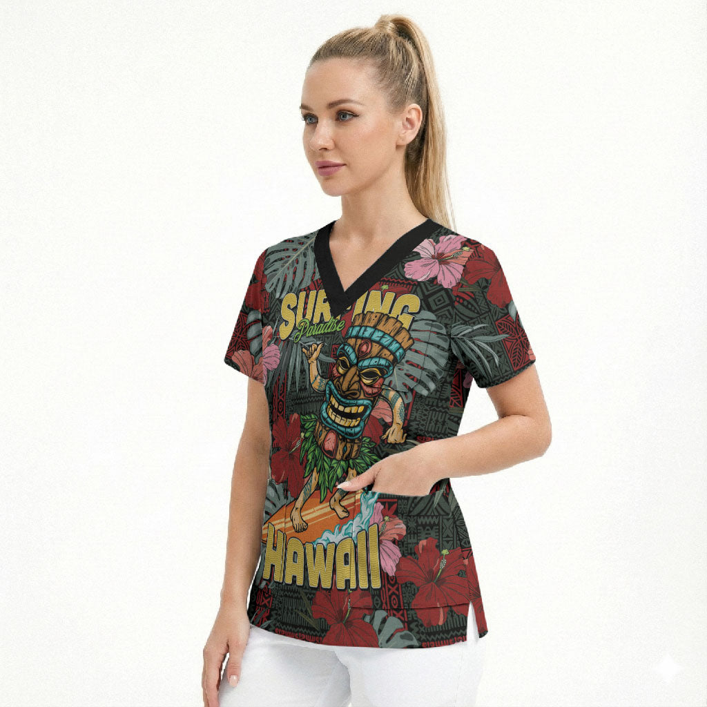 Hawaii Tiki Surfing Scrub Top Mele Kalikimaka i Iulai! LT9 - Polynesian Pride