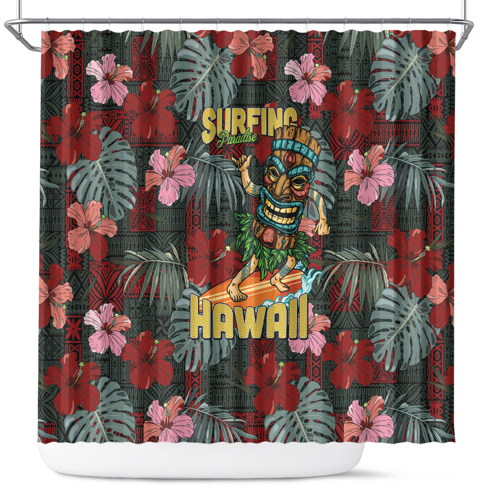 Hawaii Tiki Surfing Shower Curtain Mele Kalikimaka i Iulai! LT9 Black - Polynesian Pride