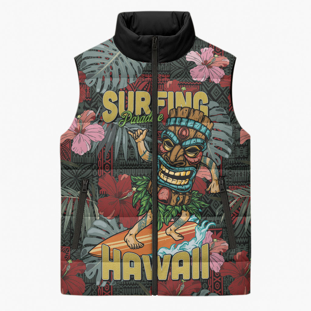 Hawaii Tiki Surfing Sleeveless Puffer Jacket Mele Kalikimaka i Iulai! LT9 Unisex Black - Polynesian Pride