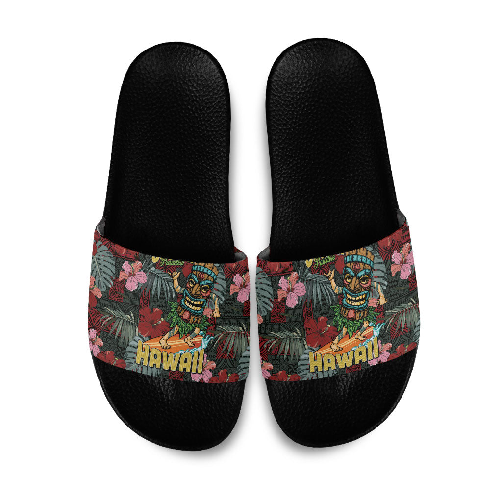 Hawaii Tiki Surfing Slide Sandals Mele Kalikimaka i Iulai! LT9 Black - Polynesian Pride