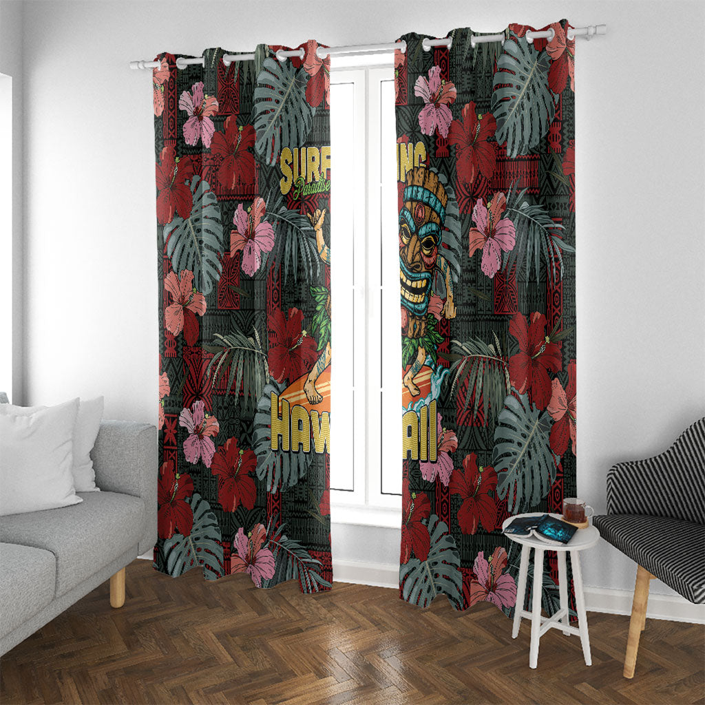 Hawaii Tiki Surfing Window Curtain Mele Kalikimaka i Iulai! LT9 With Grommets Black - Polynesian Pride