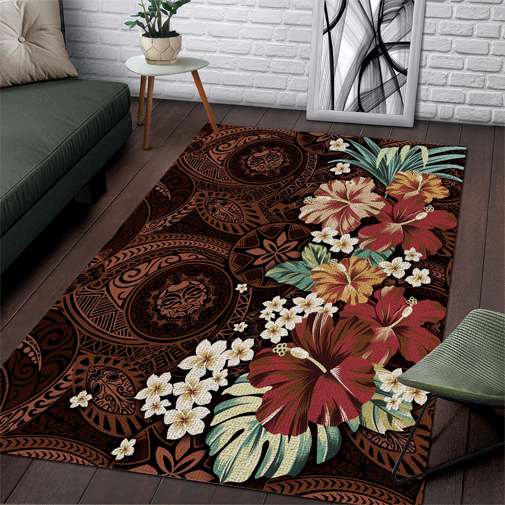 Kanoa Hawai'i Hibiscus Area Rug Polynesian Tribal Tattoo Pattern Floral Elements LT9 Brown - Polynesian Pride