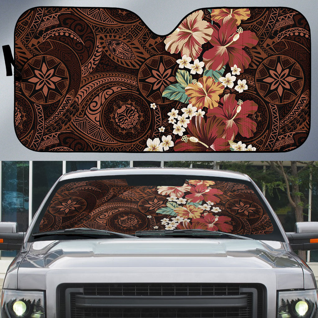 Kanoa Hawai'i Hibiscus Auto Sun Shade Polynesian Tribal Tattoo Pattern Floral Elements LT9 Brown - Polynesian Pride