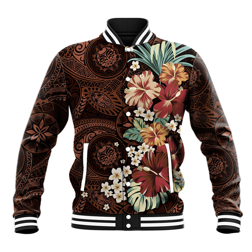 Kanoa Hawai'i Hibiscus Baseball Jacket Polynesian Tribal Tattoo Pattern Floral Elements LT9 Unisex Brown - Polynesian Pride