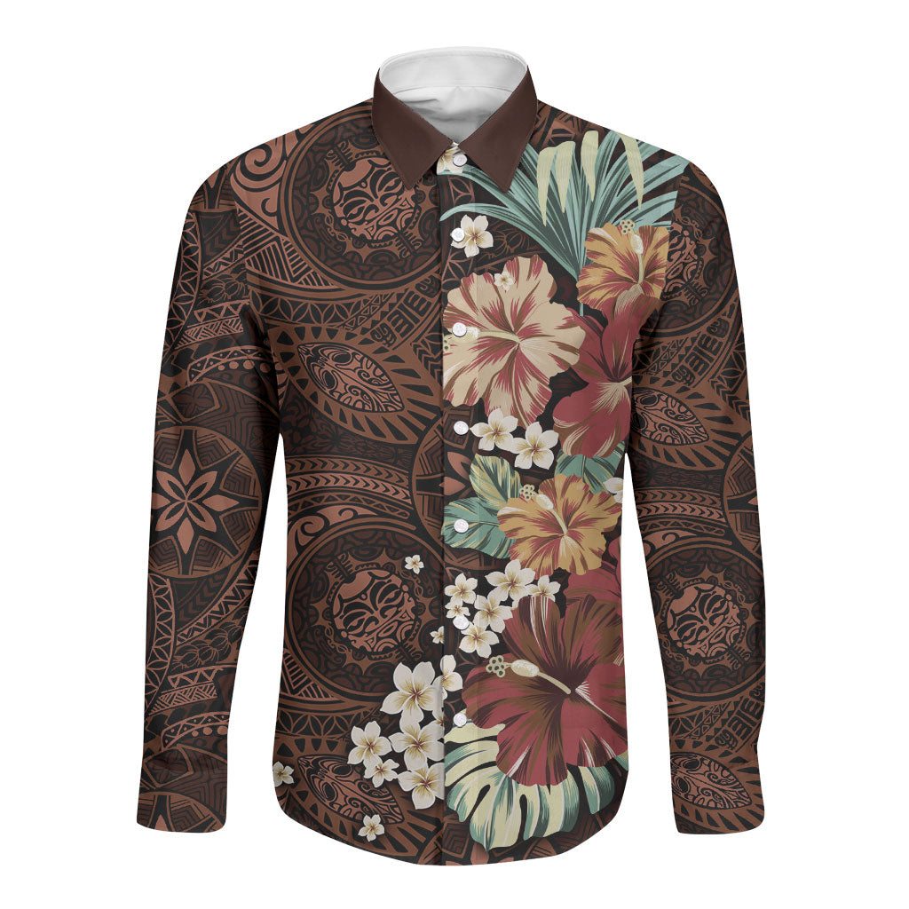 Kanoa Hawai'i Hibiscus Long Sleeve Button Shirt Polynesian Tribal Tattoo Pattern Floral Elements LT9 Unisex Brown - Polynesian Pride