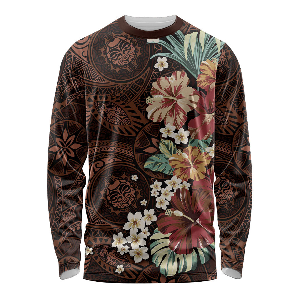 Kanoa Hawai'i Hibiscus Long Sleeve Shirt Polynesian Tribal Tattoo Pattern Floral Elements LT9 Unisex Brown - Polynesian Pride