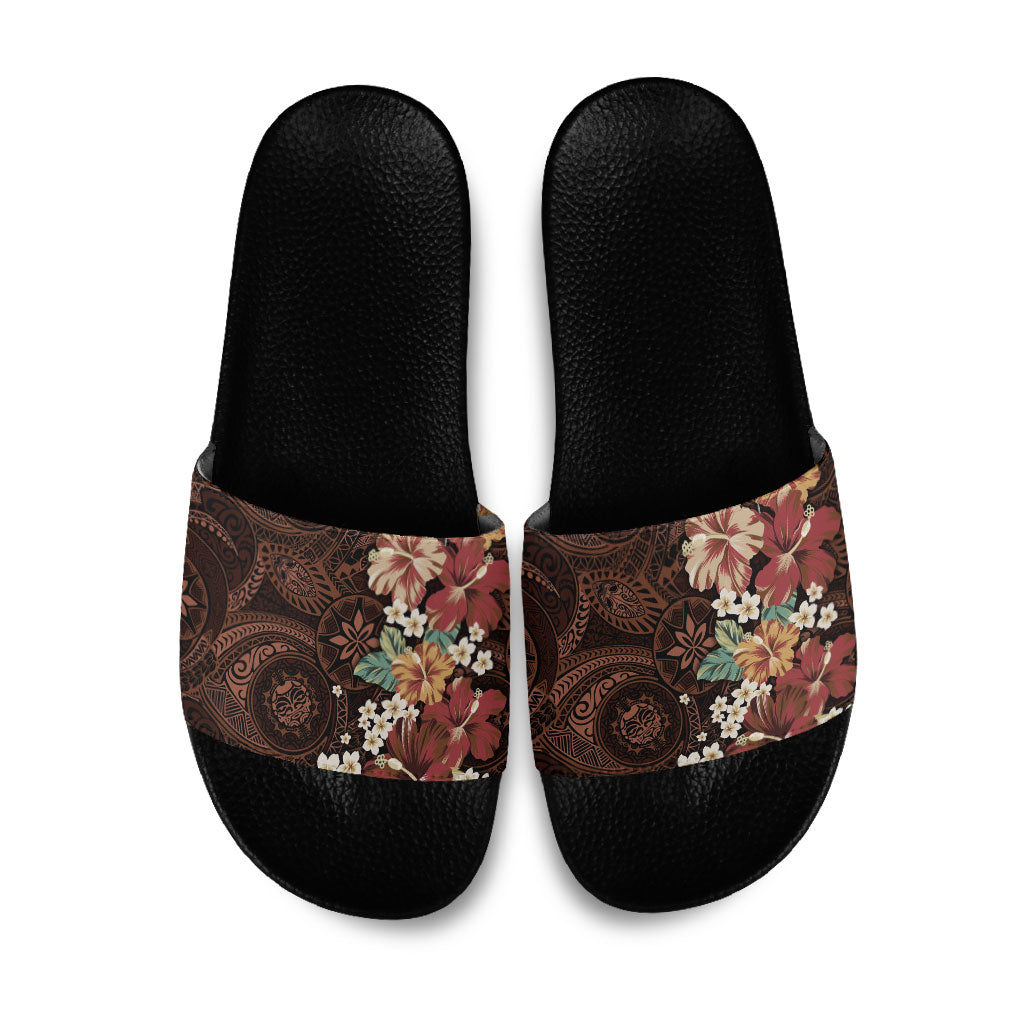 Kanoa Hawai'i Hibiscus Slide Sandals Polynesian Tribal Tattoo Pattern Floral Elements LT9 Brown - Polynesian Pride