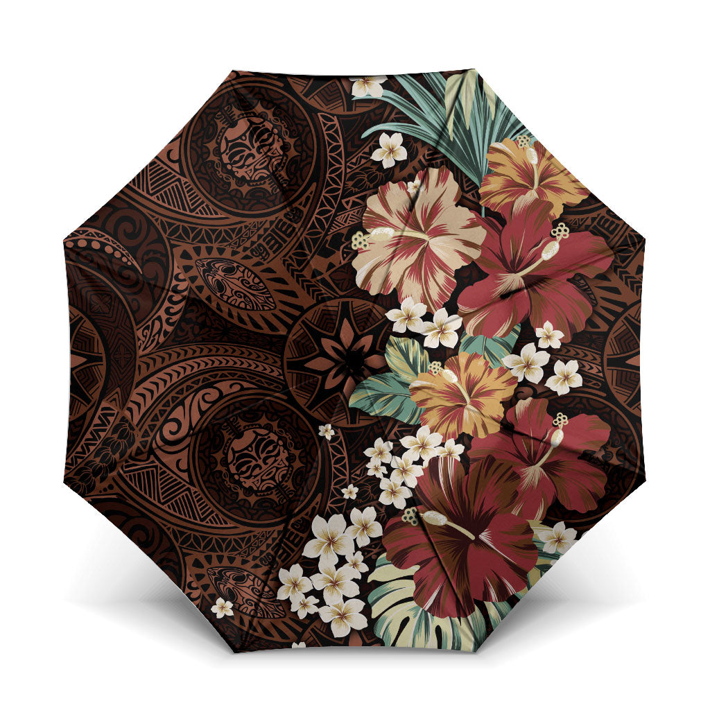 Kanoa Hawai'i Hibiscus Umbrella Polynesian Tribal Tattoo Pattern Floral Elements LT9 One Size Folded 11.42 inch Opened Diameter 37.4 inch Brown - Polynesian Pride