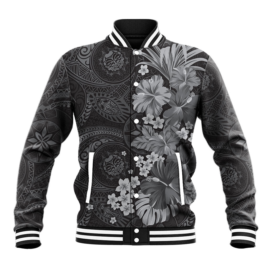 Pauli Hawai'i Hibiscus Baseball Jacket Polynesian Tribal Tattoo Pattern Floral Elements LT9 Unisex Soft Black - Polynesian Pride