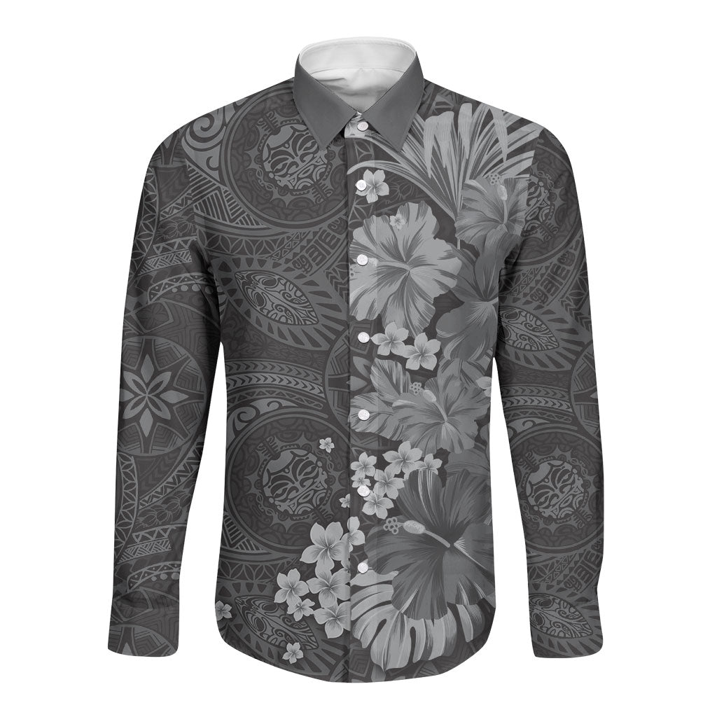 Pauli Hawai'i Hibiscus Long Sleeve Button Shirt Polynesian Tribal Tattoo Pattern Floral Elements LT9 Unisex Soft Black - Polynesian Pride
