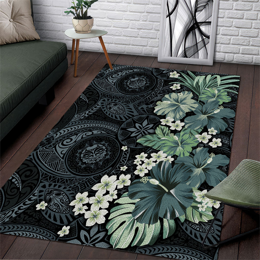 Pauliuli Hawai'i Hibiscus Area Rug Polynesian Tribal Tattoo Pattern Floral Elements LT9 Charcoal Blue - Polynesian Pride