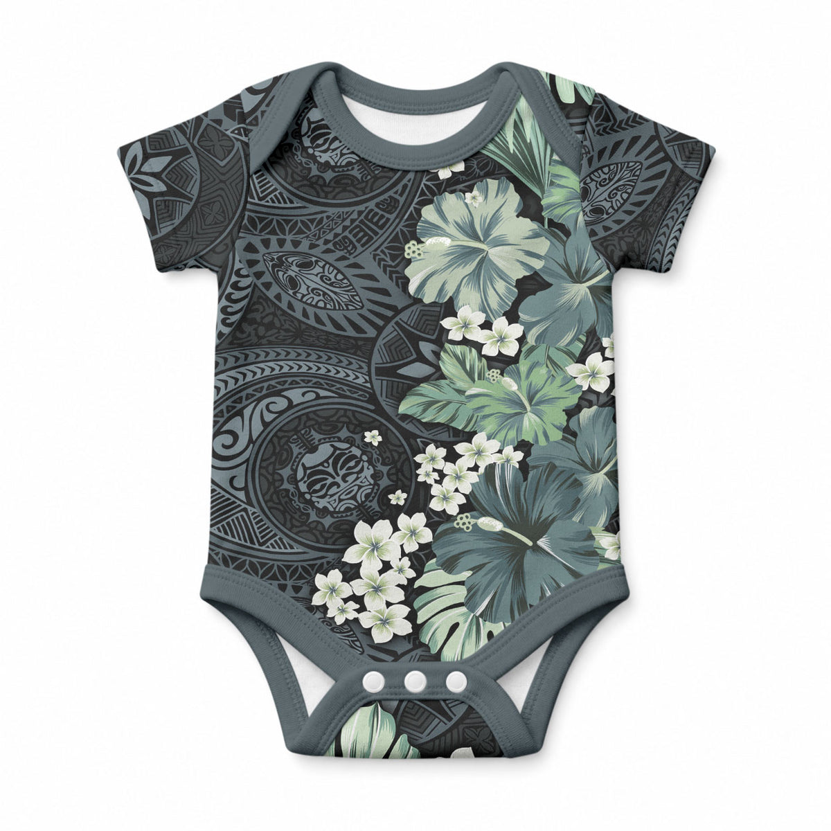 Pauliuli Hawai'i Hibiscus Baby Onesie Polynesian Tribal Tattoo Pattern Floral Elements LT9 Charcoal Blue - Polynesian Pride