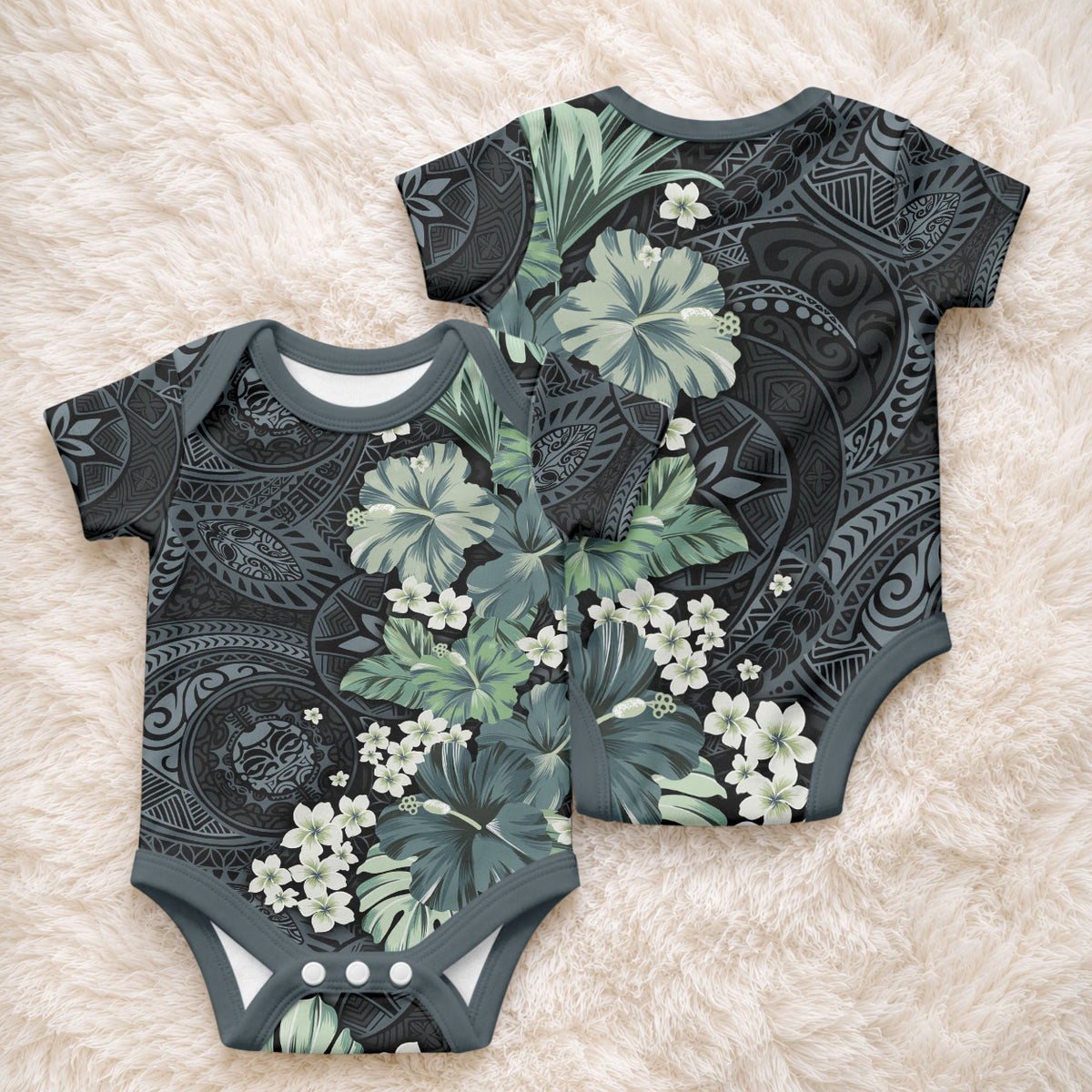 Pauliuli Hawai'i Hibiscus Baby Onesie Polynesian Tribal Tattoo Pattern Floral Elements LT9 - Polynesian Pride