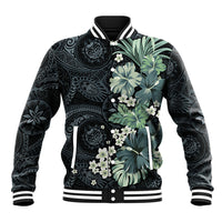 Pauliuli Hawai'i Hibiscus Baseball Jacket Polynesian Tribal Tattoo Pattern Floral Elements LT9 Unisex Charcoal Blue - Polynesian Pride