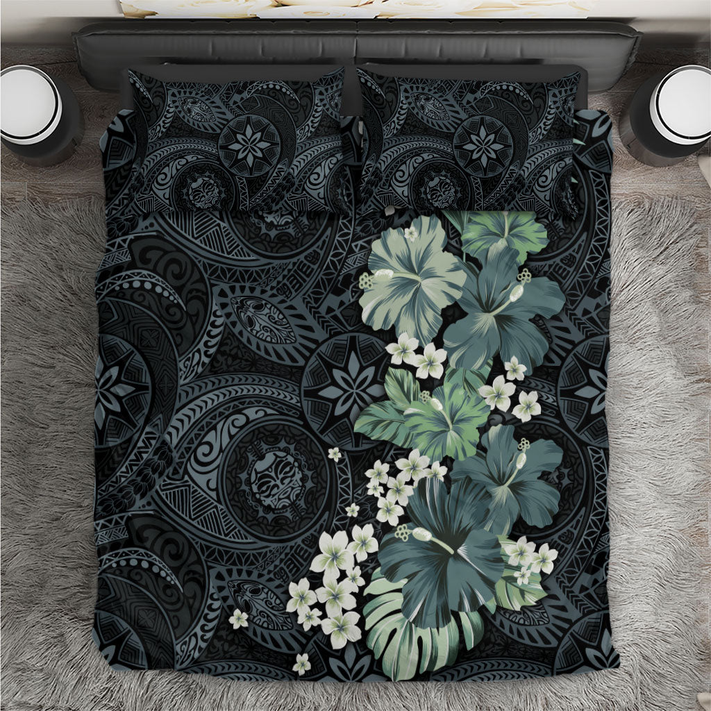 Pauliuli Hawai'i Hibiscus Bedding Set Polynesian Tribal Tattoo Pattern Floral Elements LT9 Charcoal Blue - Polynesian Pride